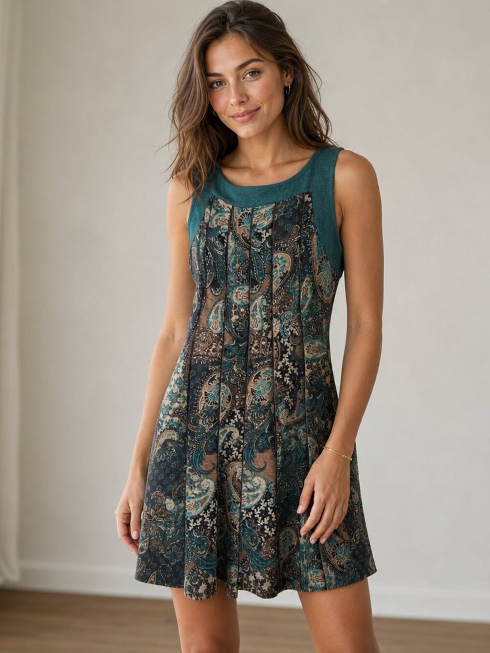 Perceptions Teal-Blue and Brown Paisley Midi Dress